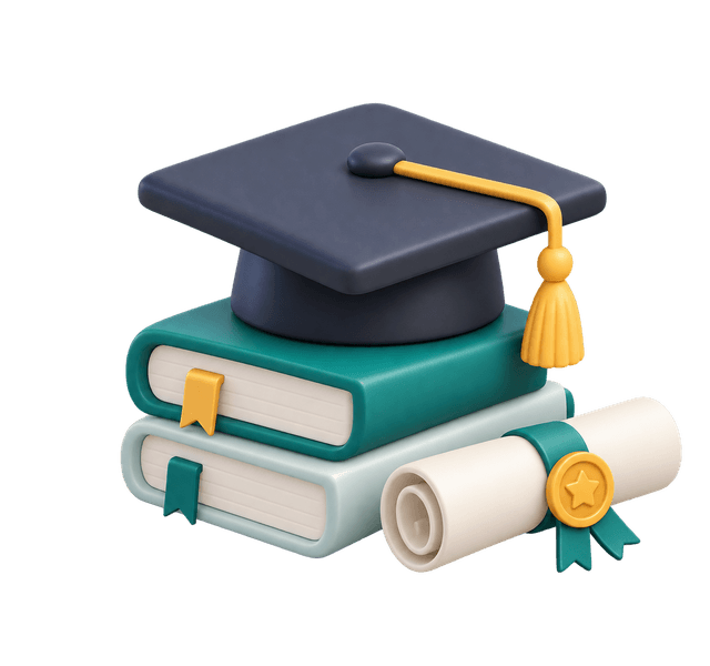 A graduation cap on books and a diploma