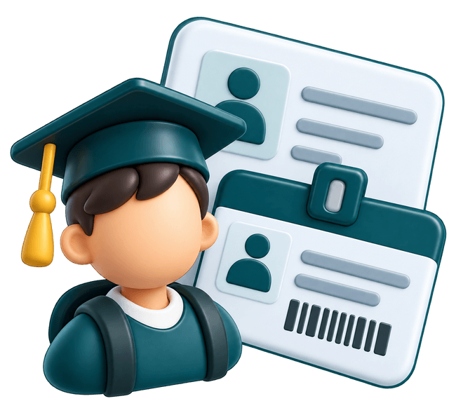 A student in a graduation cap with a student ID card